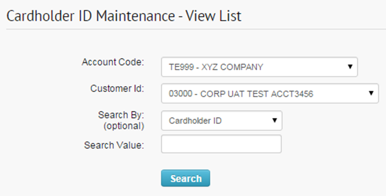 Cardholder ID Maintenance Select Account Code
