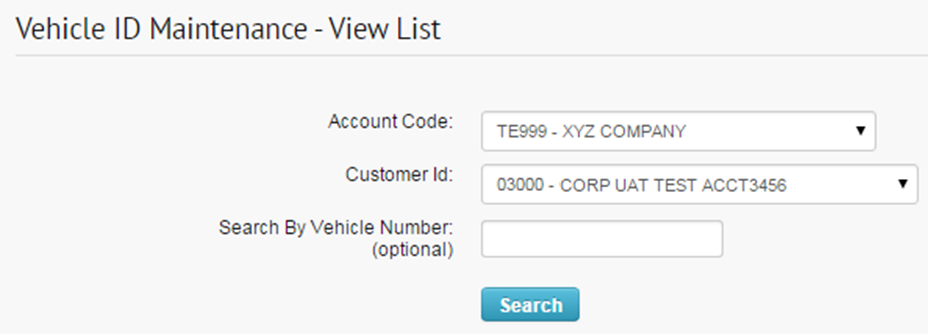 Vehicle ID Maintenance Select Account Code